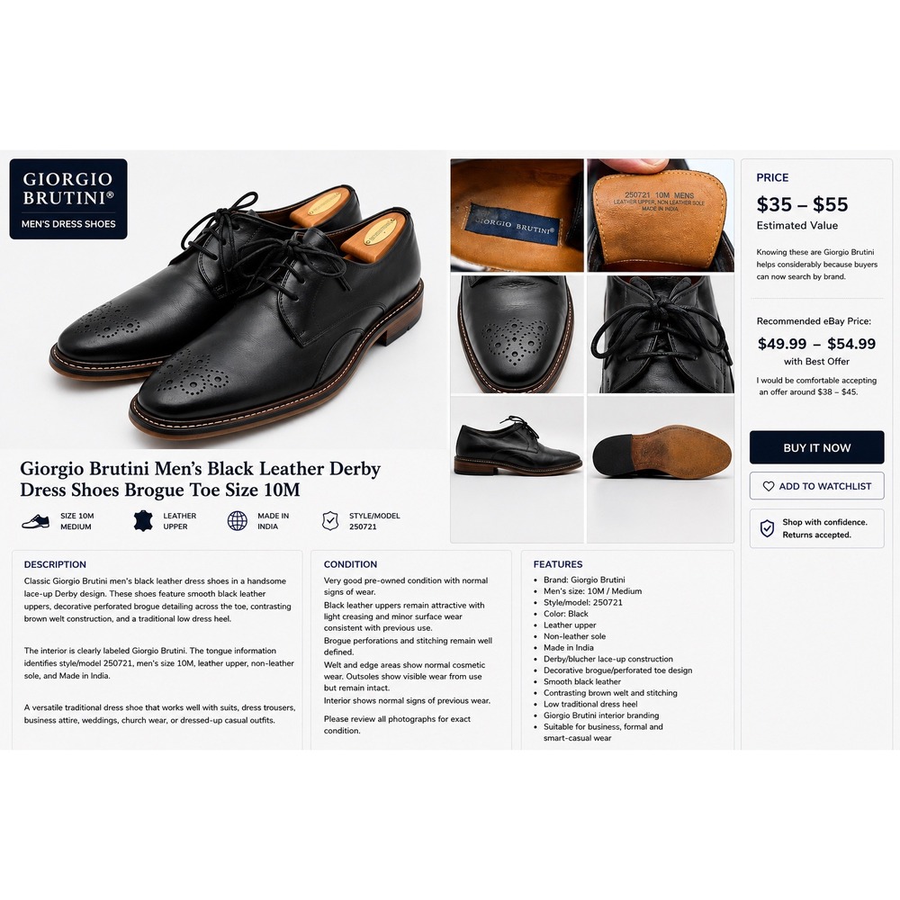 Giorgio Brutini Men's Black Leather Derby Dress Shoes Brogue Toe Size 10M